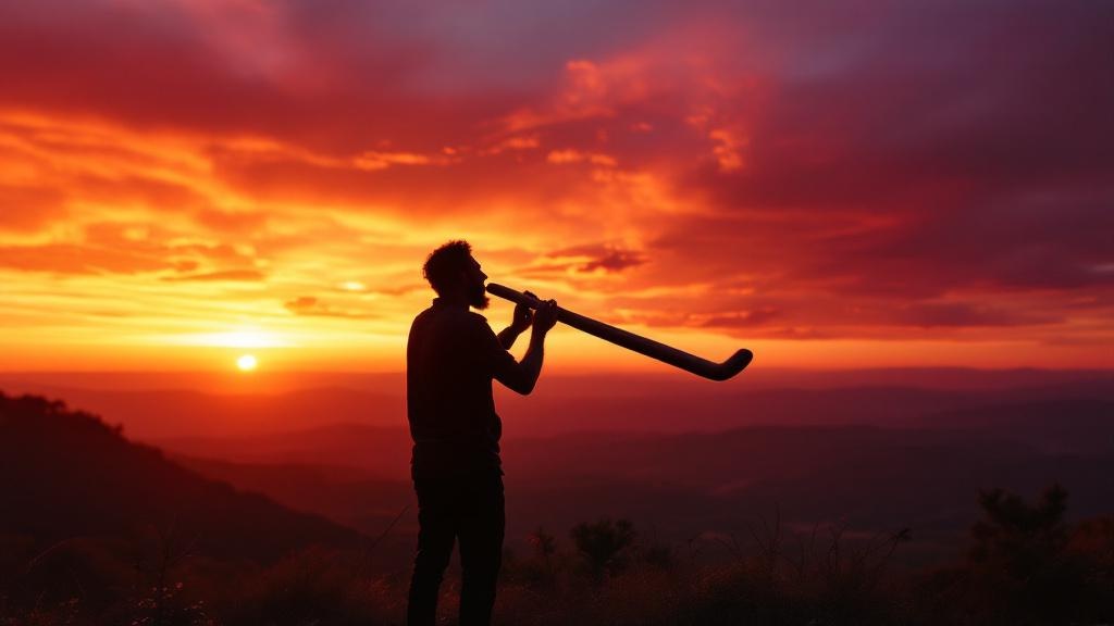 Jouer du didgeridoo au coucher du soleil